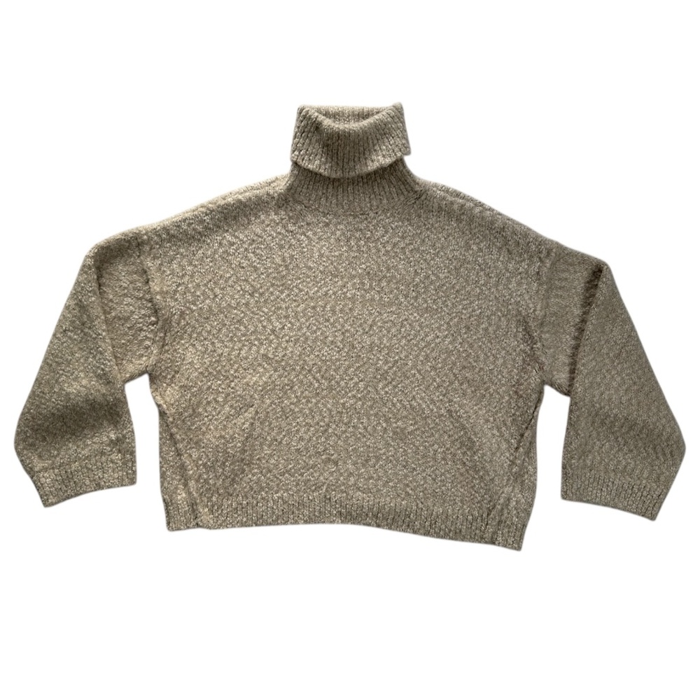 Topshop Cozy Luxury Tan White Knit Oversized Fluffy Fuzzy Turtle Neck Sweater XS